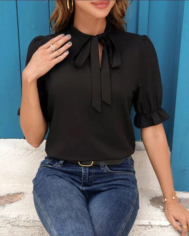 Chemise noir avec manches courte bouffantes-Aneylak